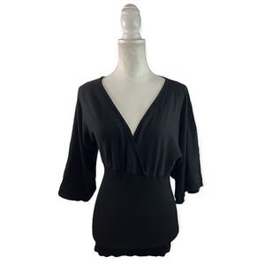 H&M DEEP V SURPLICE NECKLINE KIMONO BELL SLEEVE BLACK VISCOSE SWEATER TOP LARGE
